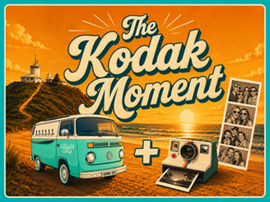 The Kodak Moment Kombi Keg Newcastle bundle artwork featuring a teal and white Kombi mobile bar, plus sign, retro photo booth camera, photo strip, sunset beach, and Nobbys-style lighthouse.