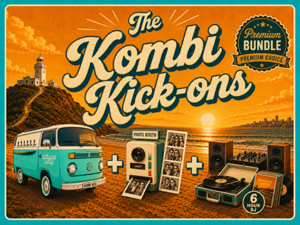The Kombi Kick-ons premium Kombi Keg Newcastle bundle artwork featuring a teal and white Kombi mobile bar, photo booth, 6 hour DJ setup, sunset beach, and Nobbys-style lighthouse.