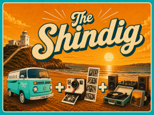The Shindig Kombi Keg Newcastle bundle artwork featuring a teal and white Kombi mobile bar, plus photo booth and DJ setup, sunset beach, and Nobbys-style lighthouse.