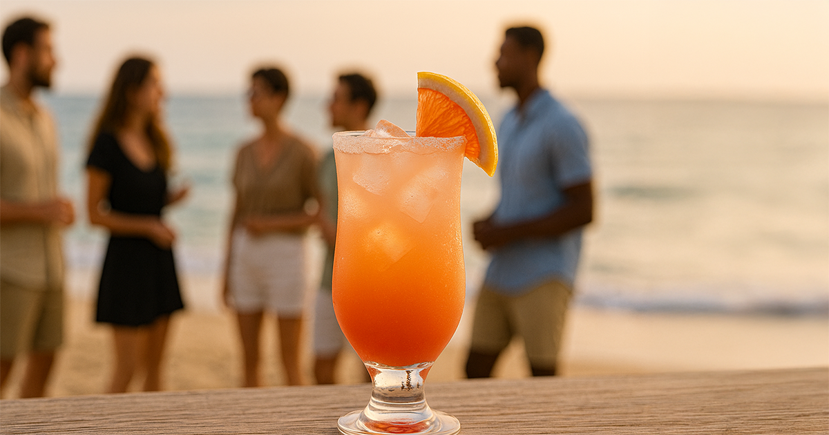 A Delicious Paloma Cocktail with people in teh background standing by the beach.