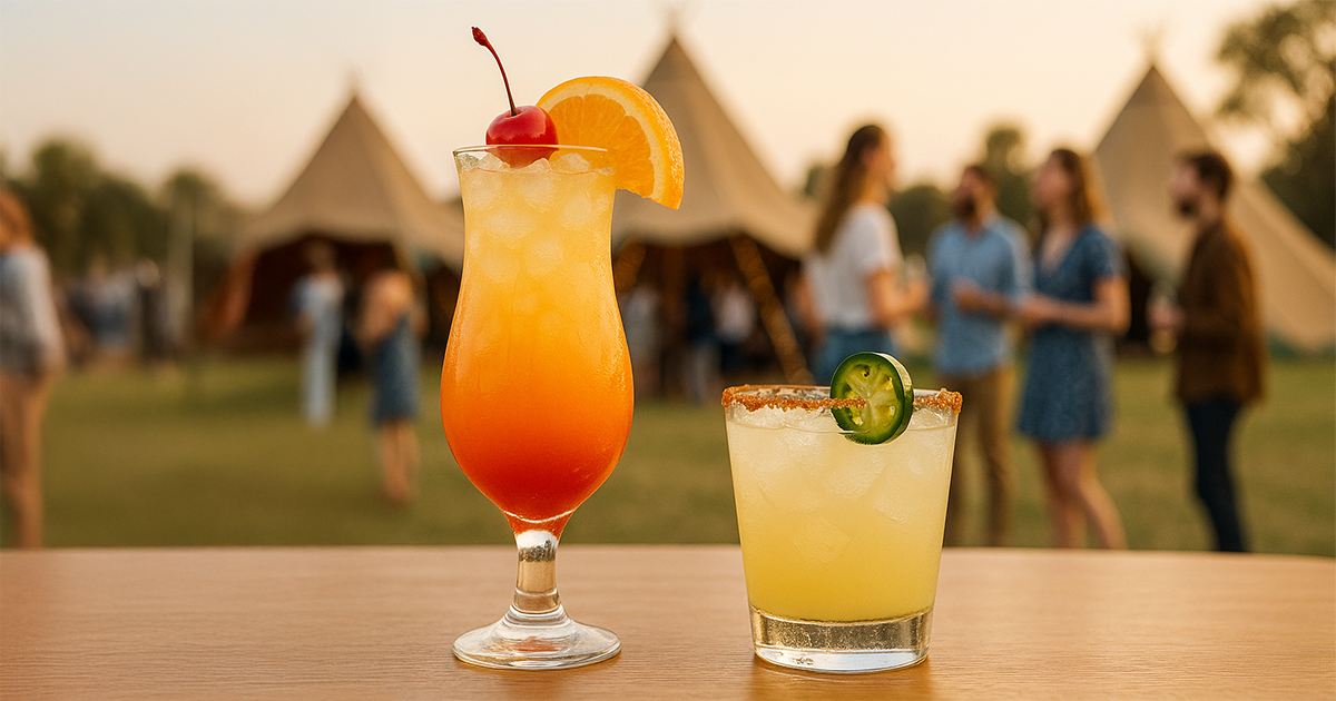 No-Tequila Sunrise & Virgin Spicy Marg with people standing around on the background with tipi tents