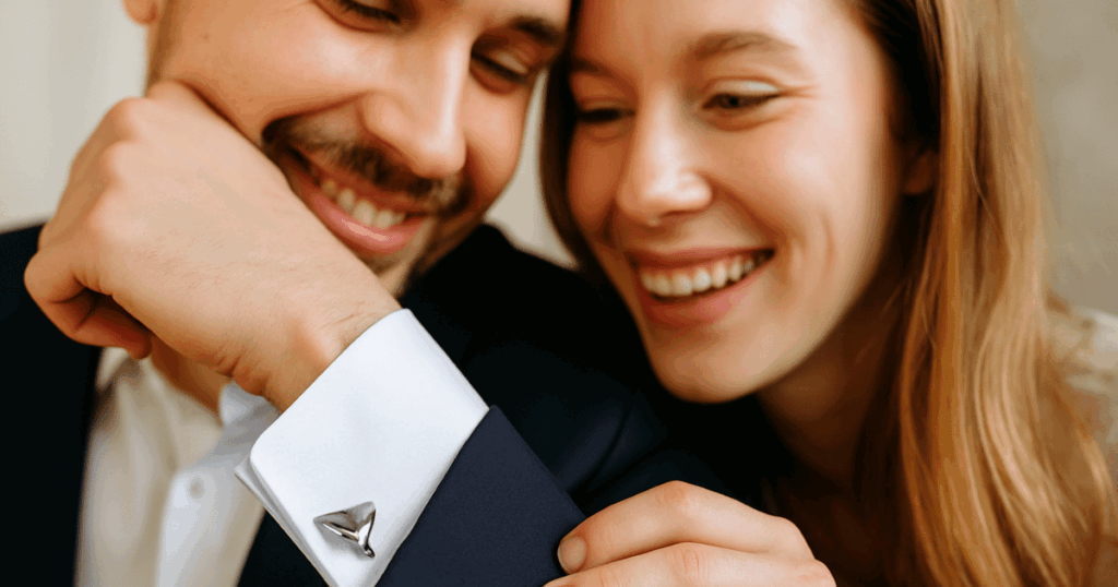 Young couple looking at paper plane cufflinks on a man’s suit cuff