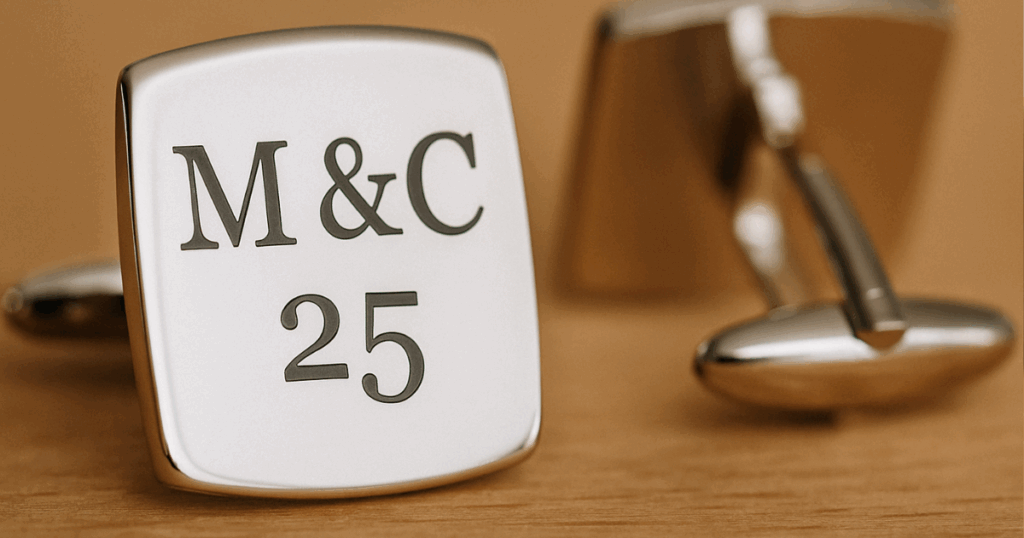 Close-up of engraved silver cufflinks with initials “M & C” and number “25