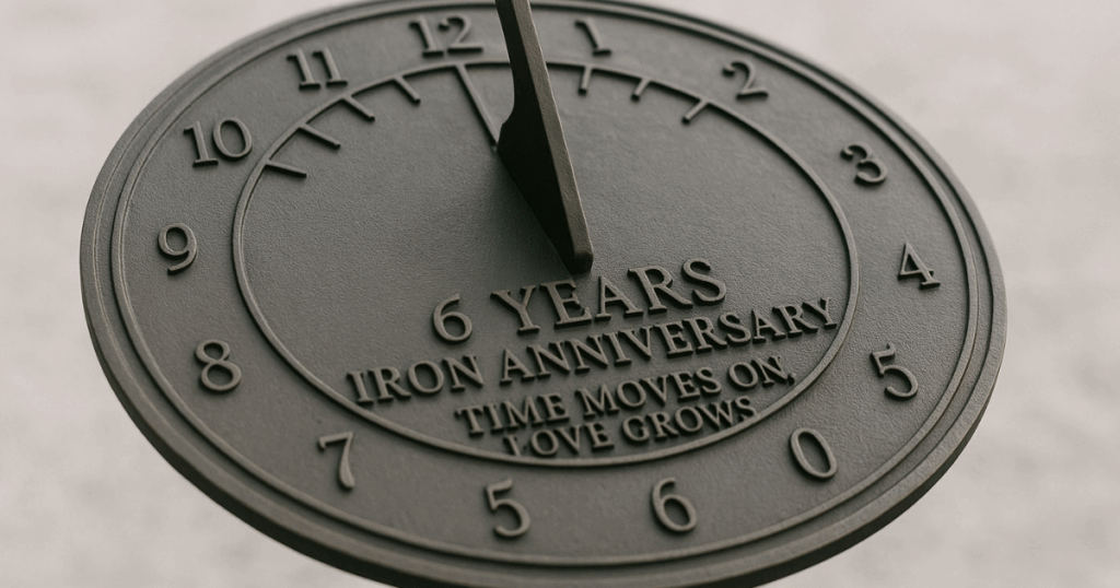 Close-up of a cast iron sundial engraved with “6 Years – Iron Anniversary – Time Moves On, Love Grows”