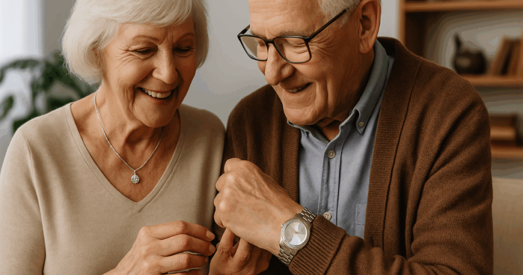 Elderly couple admiring each other’s new gifts. A diamond necklace and a diamond-accented watch
