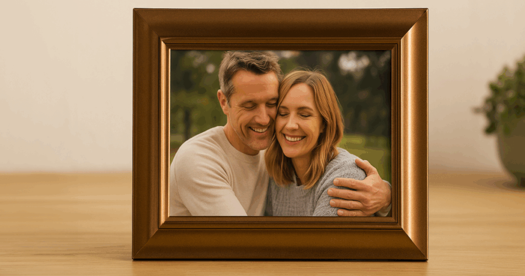 Bronze photo frame showing a smiling couple embracing outdoors