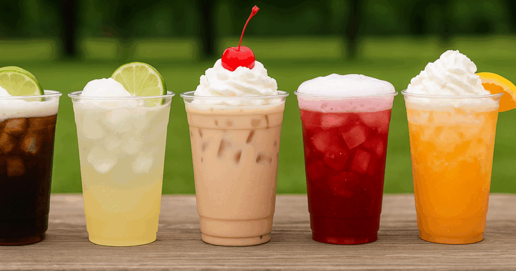 Five colorful dirty sodas in clear plastic cups on a wooden bench, topped with ice, whipped cream, cherries, lime wedges, and orange slices, with a green outdoor party background.