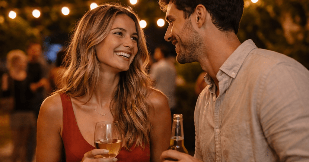 A romantic couple at a party sharing a special moment