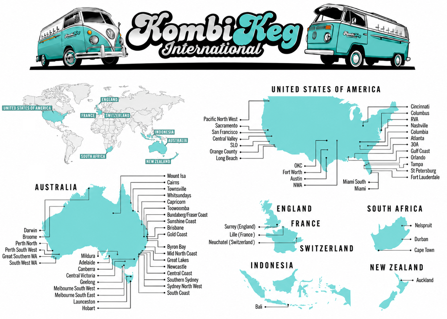 Kombi Keg International franchise locations map showing mobile bar regions across Australia, the United States, England, France, Switzerland, South Africa, Indonesia and New Zealand.