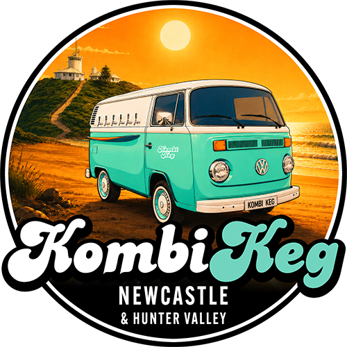 Kombi Keg Newcastle & Hunter Valley logo featuring a teal and white Kombi mobile bar on a sunset beach with Nobbys Lighthouse in the background.