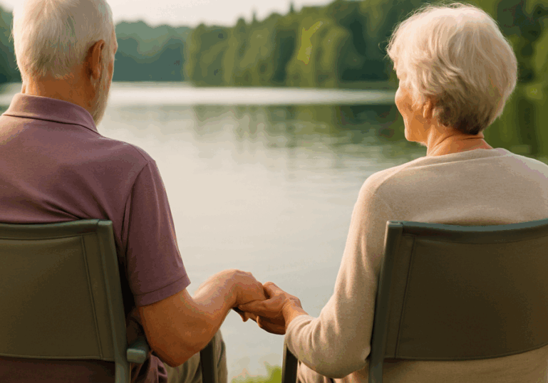 Older couple sitting in chairs by a lake, holding hands gently by the finger